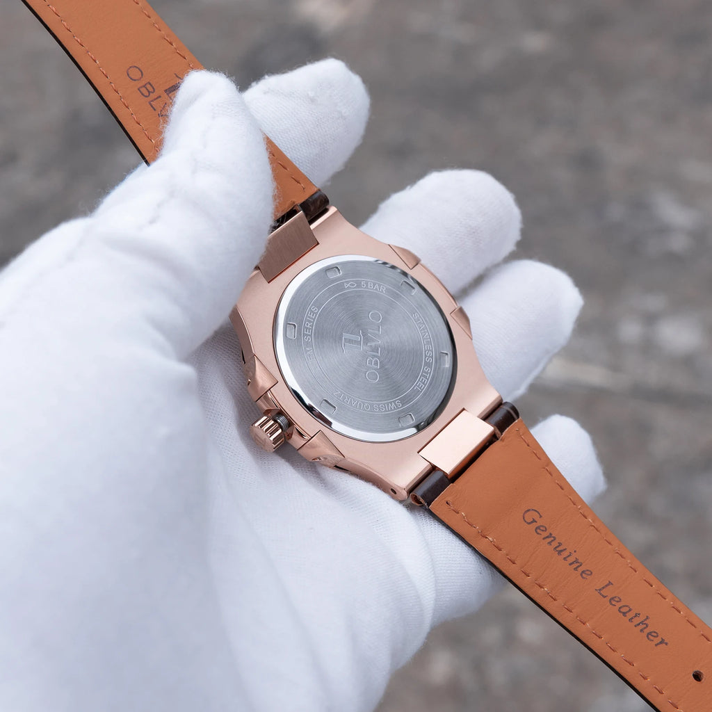 OBLVLO Fashion Men's Watch Rose Gold Case Diamonds Bezel Swiss Quartz Luminous Hands Sapphire Crystal Leather Strap FM-YWL-D