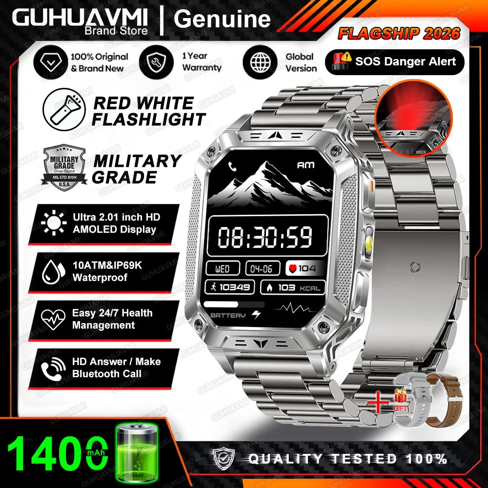 2026 New Built-in 1400mAh Super Large Battery Men Smart Watch Outdoor GPS 2.01"AMOLED Screen 10ATM Waterproof BT Call Smartwatch