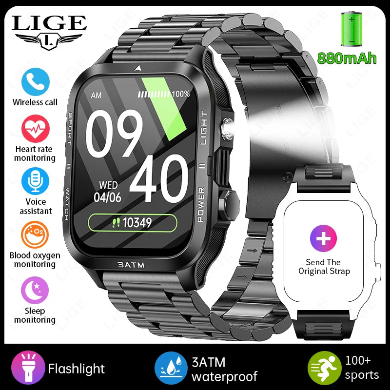 LIGE 2026 New 1.96"HD Screen Smartwatch Men Sports 880mAh Battery Bluetooth Call LED Flashlight 3ATM Waterproof Men Smart Watch