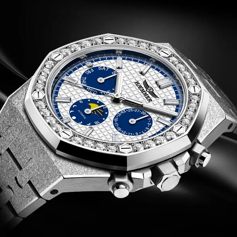 HAEMMER high-end design multifunctional men's watch stainless steel silver diamond face fashionable men's watch waterproof 30ATM
