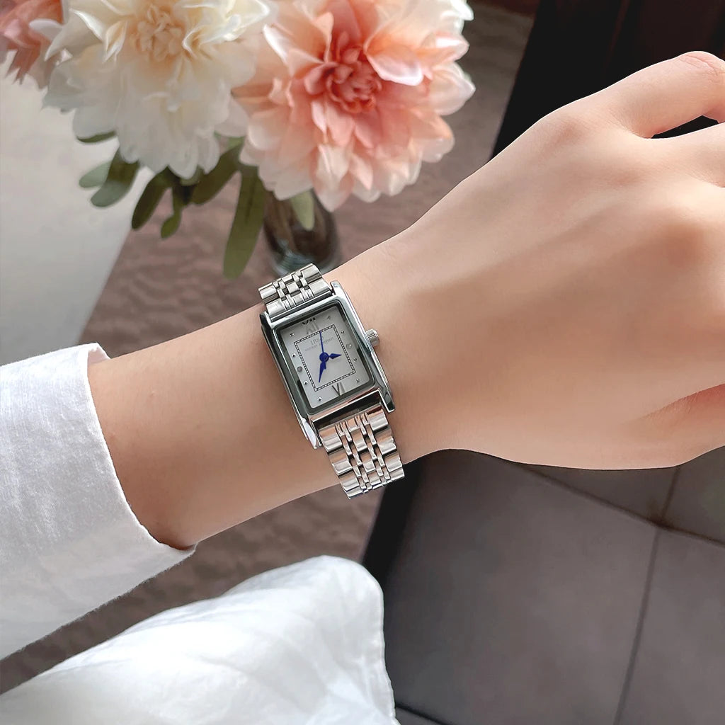 Luxury Brand Women Watch Rectangular Small Silver Steel Elegant Quartz Handwatch Female Waterproof Vintage Lady Wristwatch Black