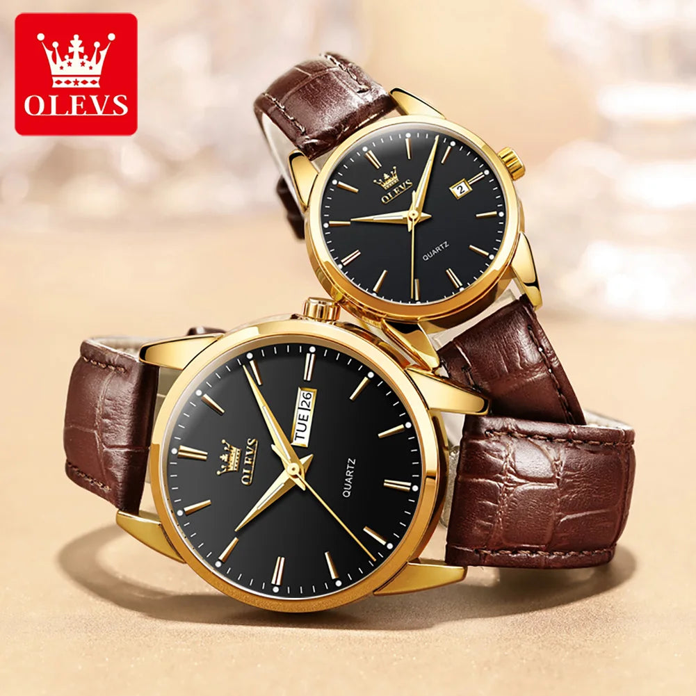 OLEVS 6898 Couple Watches Original Fashion Simple Waterproof Luminous Quartz Watch Leather Strap Date Wristwatch Couple Gifts