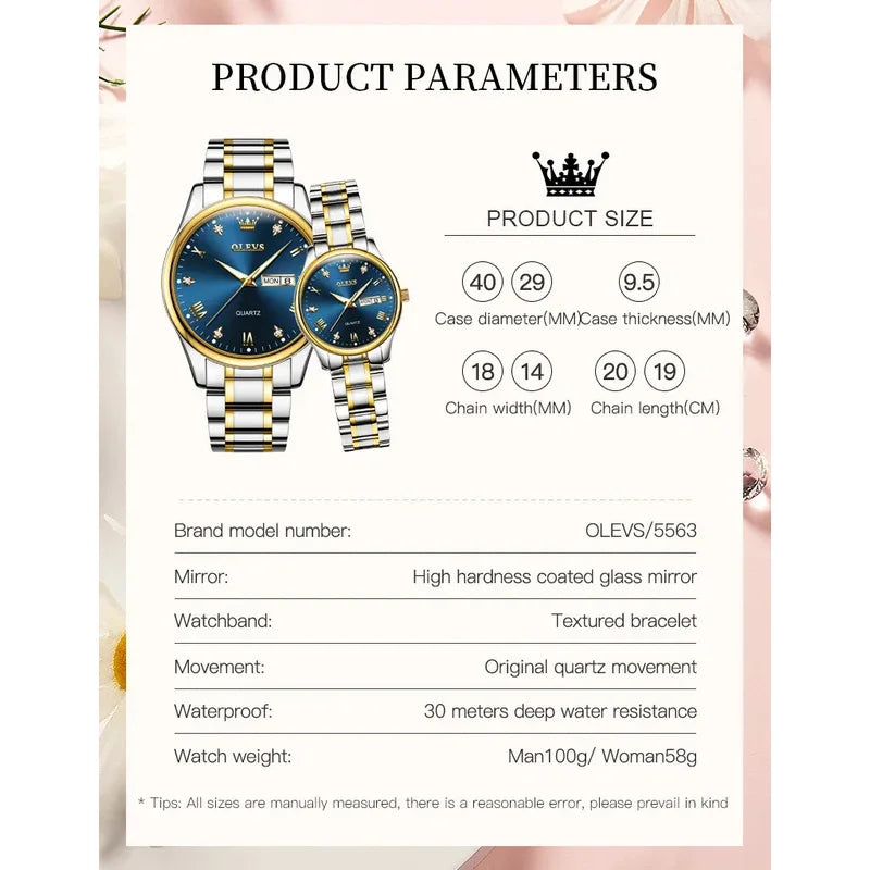 OLEVS  Couple Watch Luxury Gold Diamond Dual Calendar Waterproof Watch Fashion Brand Quartz Appointment Clock Couple Watch 5563