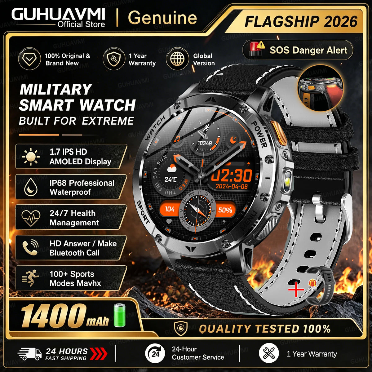 Men Rugged Steel Sport Smart Watch 1400mAh Battery 1.7" HD Bluetooth Call 10ATM Waterproof Heart Rate Fitness Trackr Smartwatch