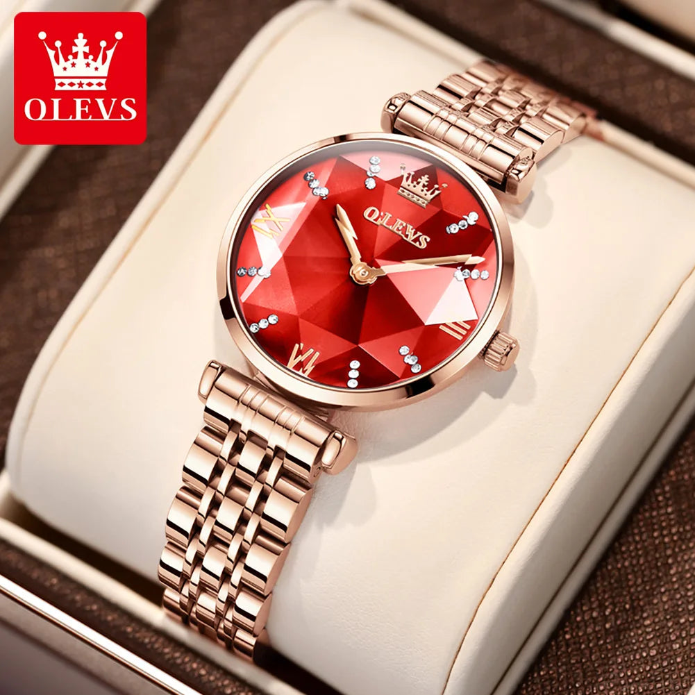 OLEVS Women's Watches Luxury Fashion Fine Steel Rose Gold Strap Rhombus Mirror Original Quartz Wristwatch Waterproof Trend Dress