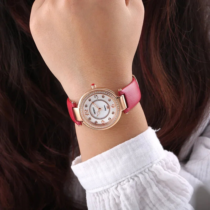 BERNY Watch for Women Calendar Sapphire Elegant Quartz Women's Wristwatch Luxury Diamond inlaid Clock S/S Leather Ladies Watches