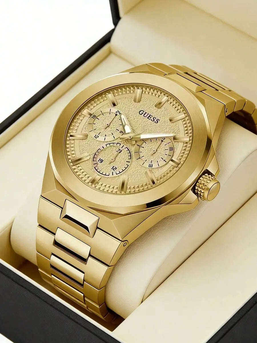 GUESS Original Luxury Gold Tone Round Watches for Men Stainless Steel Elegant Multifunction Quartz Chronograph Classic Business