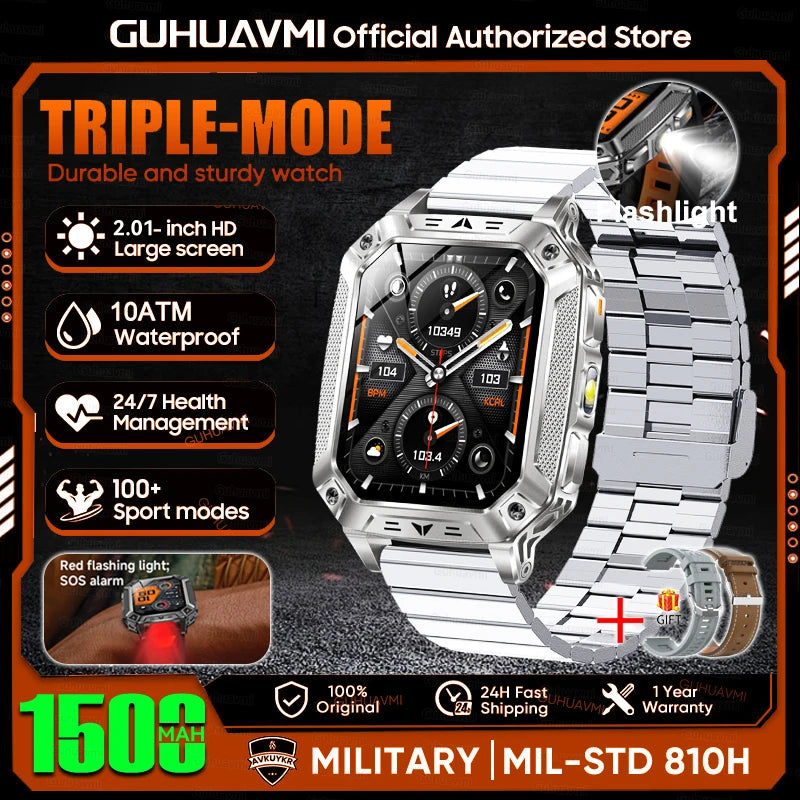 1500mAh Military Grade Smart Watch 100 Days Battery Life 10ATM Waterproof Bluetooth Call SOS Alert LED Flashlight Sports Watches