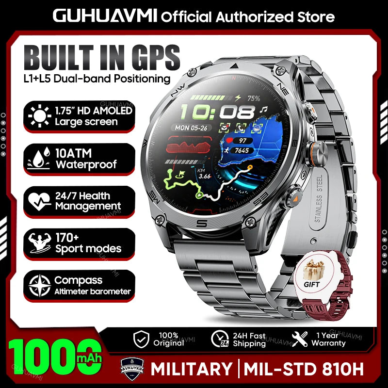 2026 Hot Sales Outdoor Durable GPS Sports Smart Watch Built-in GPS 1000mAh Battery 10ATM Waterproof 1.75" AOD Men Military Watch