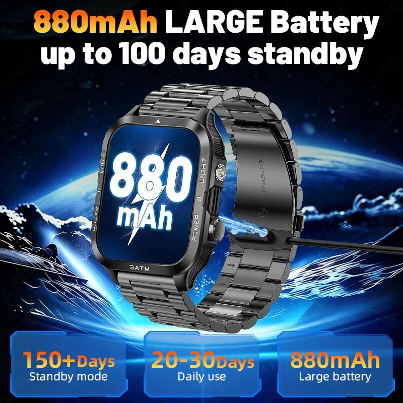 LIGE 2026 New 1.96"HD Screen Smartwatch Men Sports 880mAh Battery Bluetooth Call LED Flashlight 3ATM Waterproof Men Smart Watch