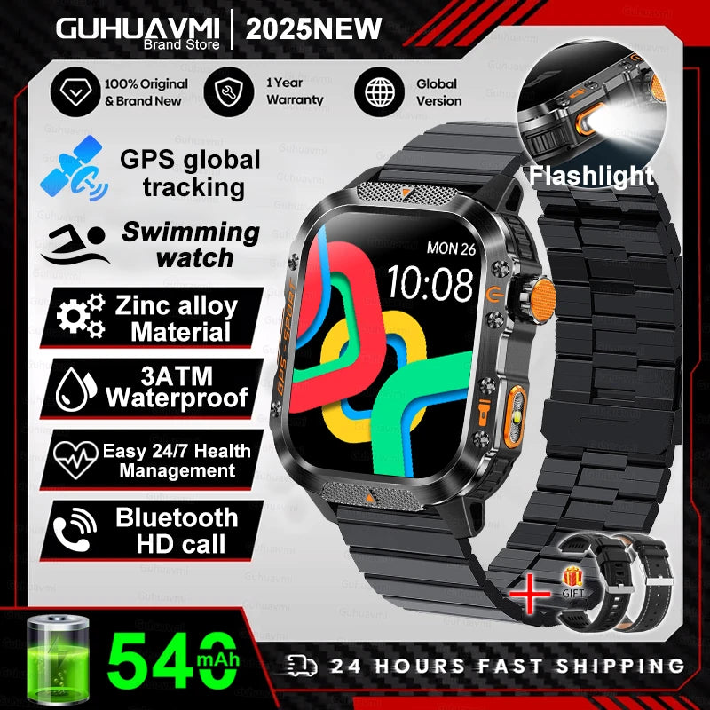 2026 New Military Grade Outdoor GPS Smart Watches Men Compass Heart Rate BT Call LED Flashlight 10ATM Waterproof Swim Smartwatch