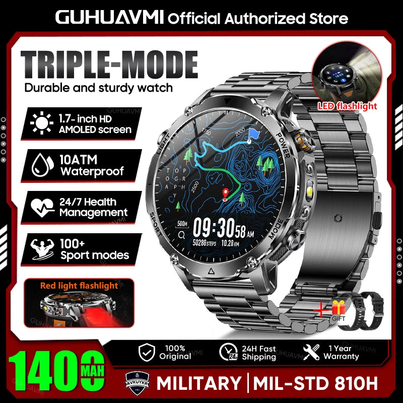 2026 New Military 1400mAh Battery Smart Watch Men Outdoor Flashlight 10ATM Waterproof Heart Rate Bluetooth Call Sports Bracelets