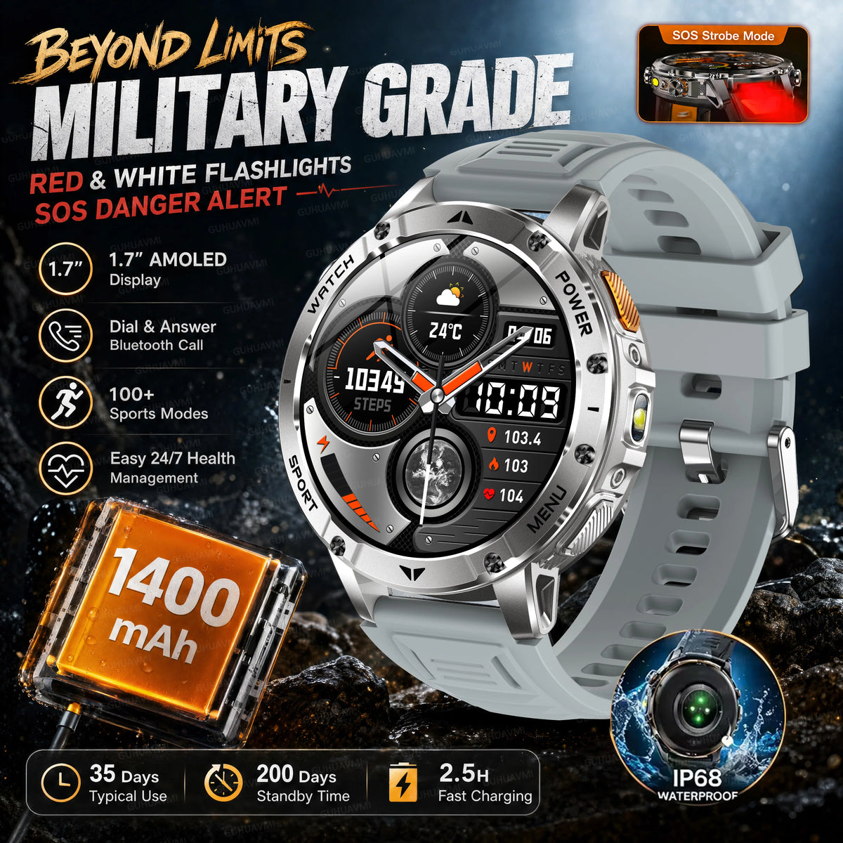 2026 Military Grade Smartwatch Men 1400mAh Ultra Long Battery 24/7 Health Monitor 10ATM Waterproof Outdoor Sport Smart Watches