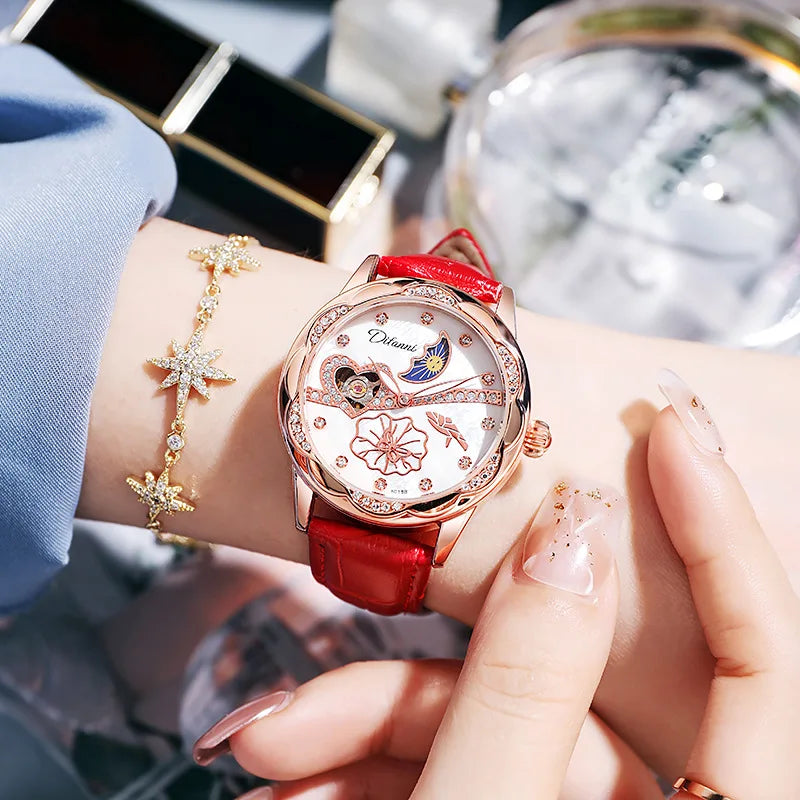 Watches Women Fashion Watch 2023 Automatic Mechanical Rhinestone Skeleton Dial Premium Leather Band Elegant Lady Watch New