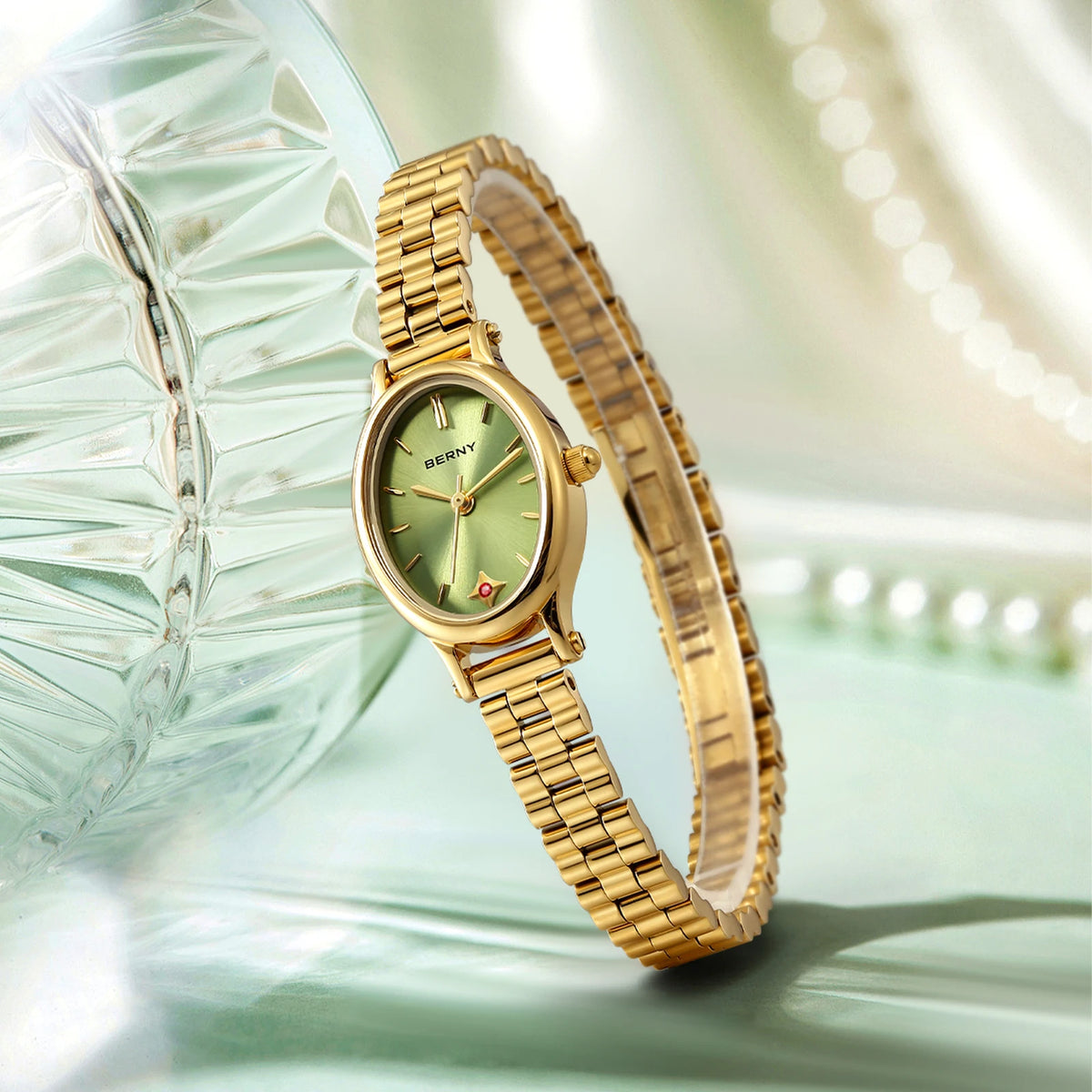 BERNY Gold Watch for Women Olive Green Quartz Jewelry Bracelet Casual Jewelry Women's Wristwatch Small Fashion Ladies Watches