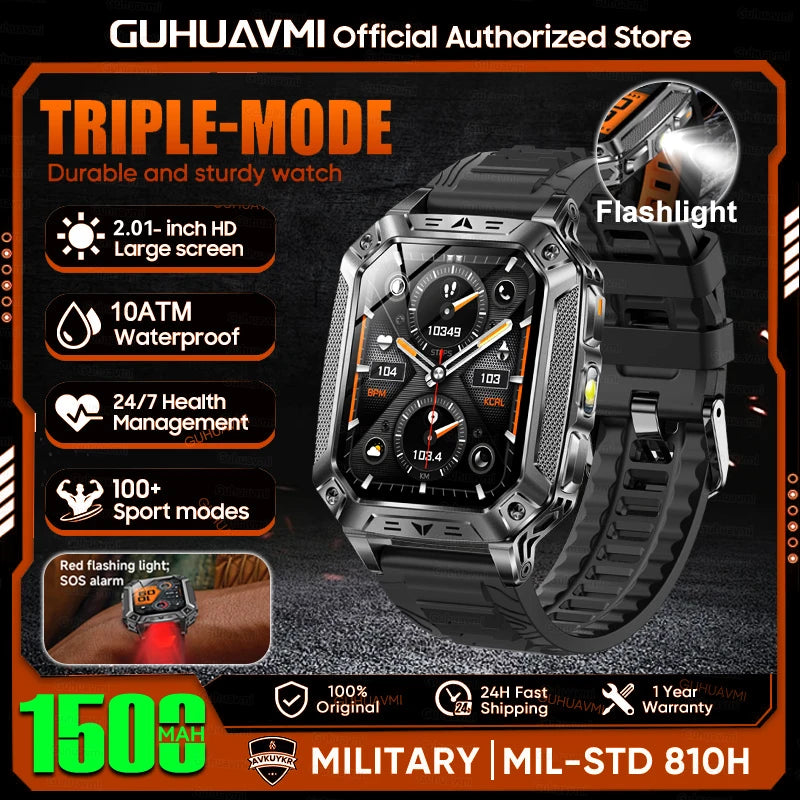 1500mAh Military Grade Smart Watch 100 Days Battery Life 10ATM Waterproof Bluetooth Call SOS Alert LED Flashlight Sports Watches
