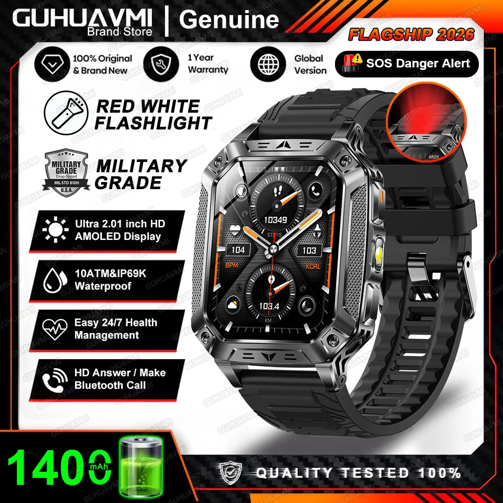 2026 New Built-in 1400mAh Super Large Battery Men Smart Watch Outdoor GPS 2.01"AMOLED Screen 10ATM Waterproof BT Call Smartwatch