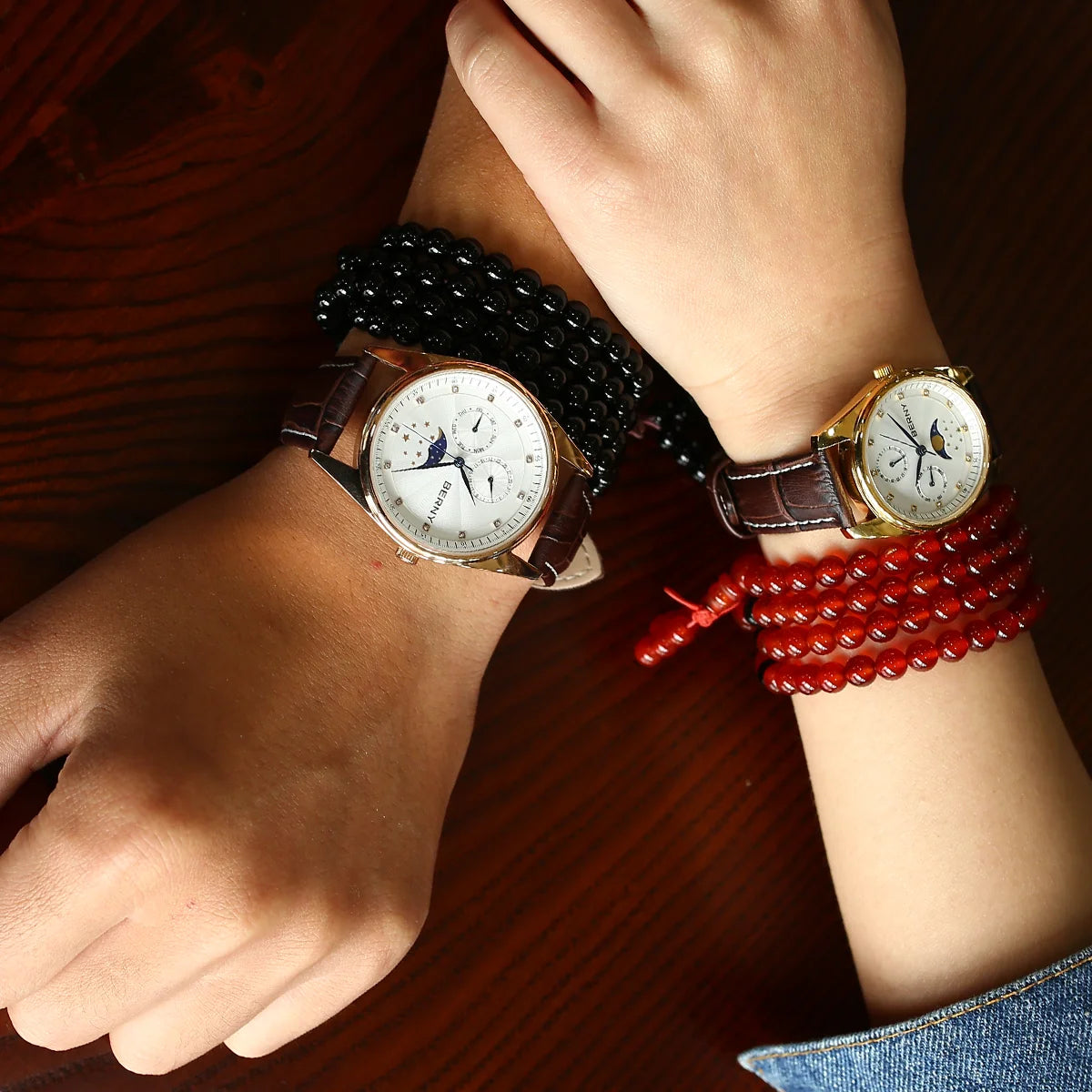 BERNY Couple Quartz Watch Moon Phase Day Top Calendar Men Wristwatch Leather Men/Women Dress Watch MIYOTA 6P20 Gift Watches