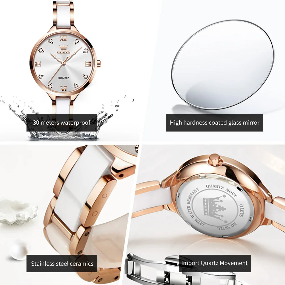 OLEVS 5872 Women Watch Elegant Luxury Original Quartz Watch  Waterproof Luminous Ceramic Strap Watches For Women Bracelet Set