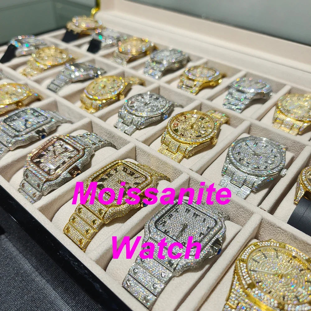 High End Square Design Luxury Gold VVS Moissanite Watch Waterproof Mens Diamond Iced Out Wrist Watches
