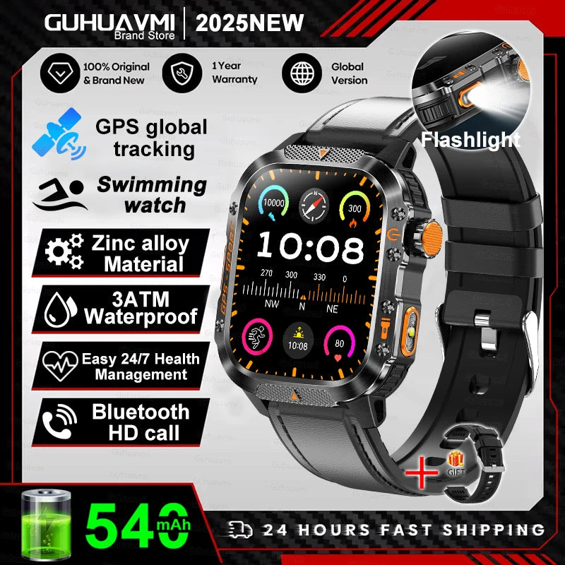 2026 New Military Grade Outdoor GPS Smart Watches Men Compass Heart Rate BT Call LED Flashlight 10ATM Waterproof Swim Smartwatch