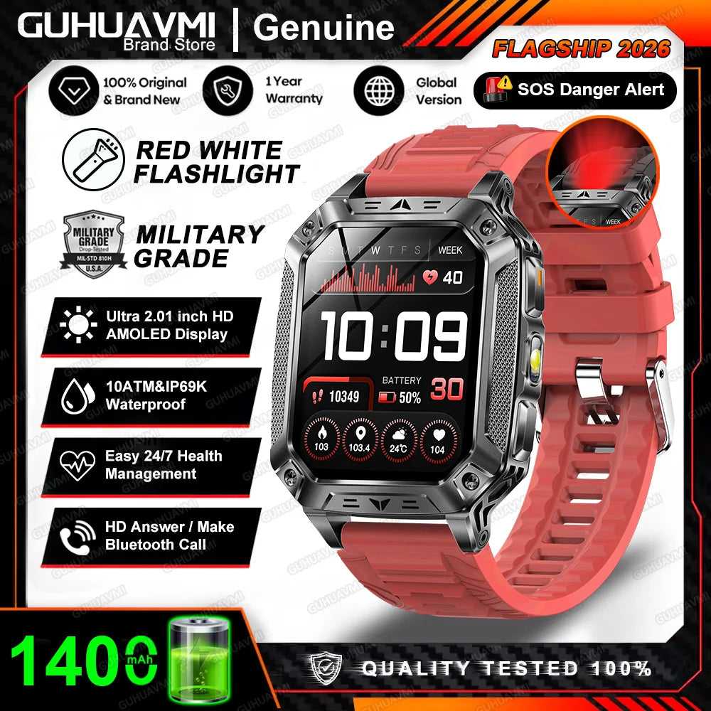 2026 New Built-in 1400mAh Super Large Battery Men Smart Watch Outdoor GPS 2.01"AMOLED Screen 10ATM Waterproof BT Call Smartwatch