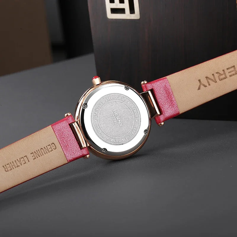 BERNY Watch for Women Calendar Sapphire Elegant Quartz Women's Wristwatch Luxury Diamond inlaid Clock S/S Leather Ladies Watches