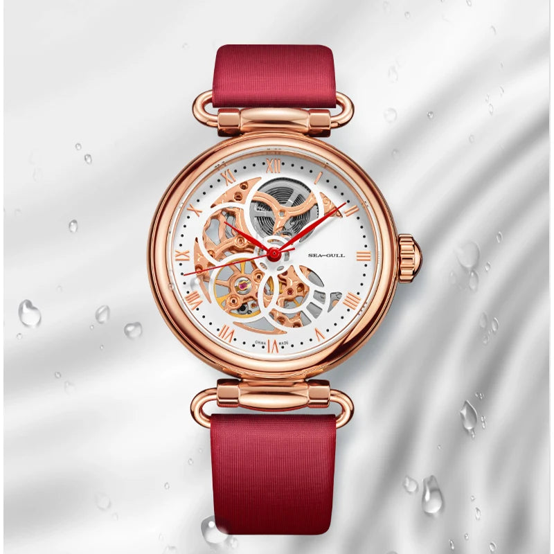 Seagull Fashion Women's Watch Leather Strap Waterproof Skeleton Automatic Mechanical For Ladies Watch Necklace Set 6002L Series