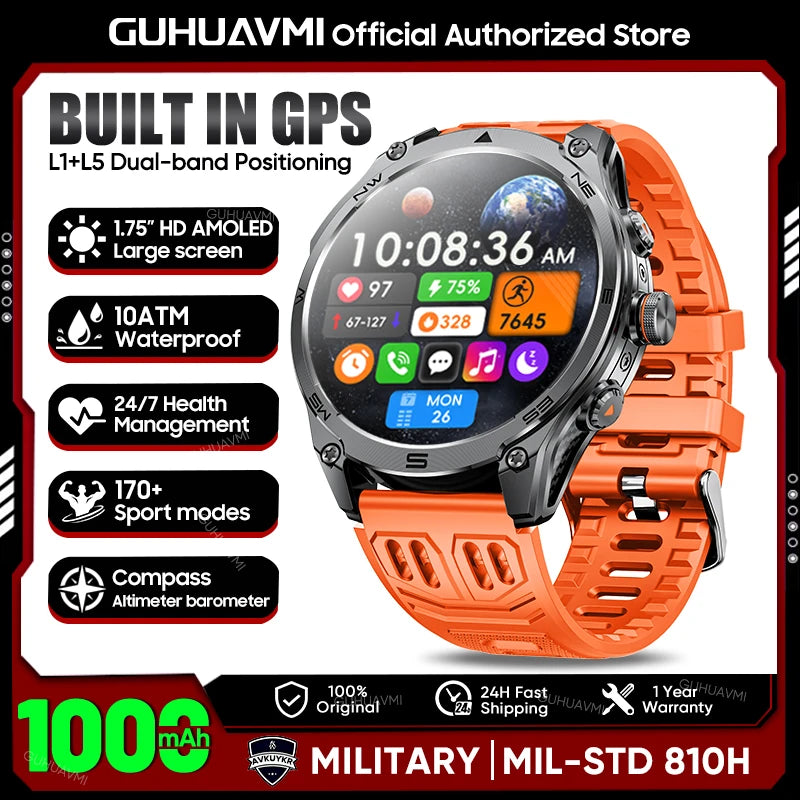 2026 Hot Sales Outdoor Durable GPS Sports Smart Watch Built-in GPS 1000mAh Battery 10ATM Waterproof 1.75" AOD Men Military Watch