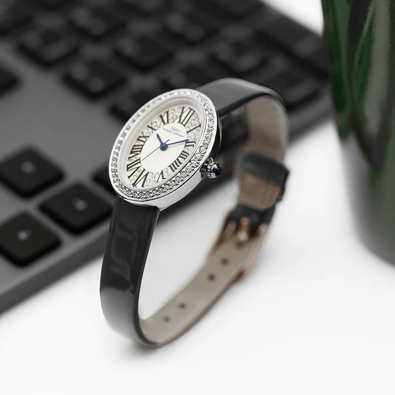 Original Brand Woman Watch Silver Steel Waterproof Oval Handwatch Female Fashion High Quality Ladies Leather Wristwatches Blue