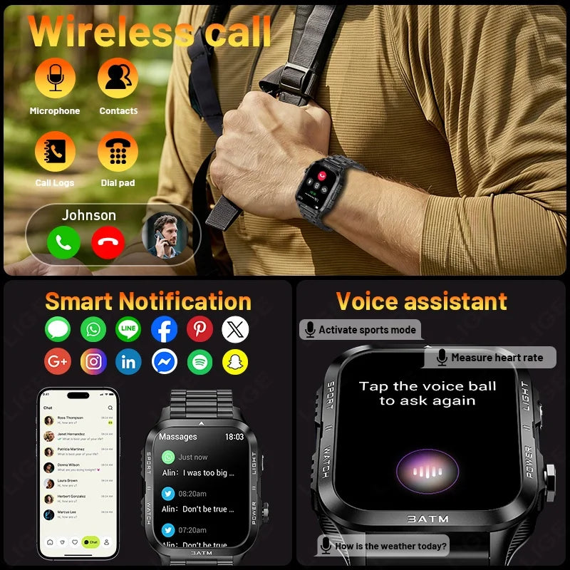 LIGE 2026 New 1.96"HD Screen Smartwatch Men Sports 880mAh Battery Bluetooth Call LED Flashlight 3ATM Waterproof Men Smart Watch