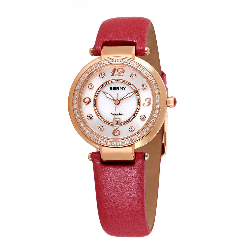 BERNY Watch for Women Calendar Sapphire Elegant Quartz Women's Wristwatch Luxury Diamond inlaid Clock S/S Leather Ladies Watches