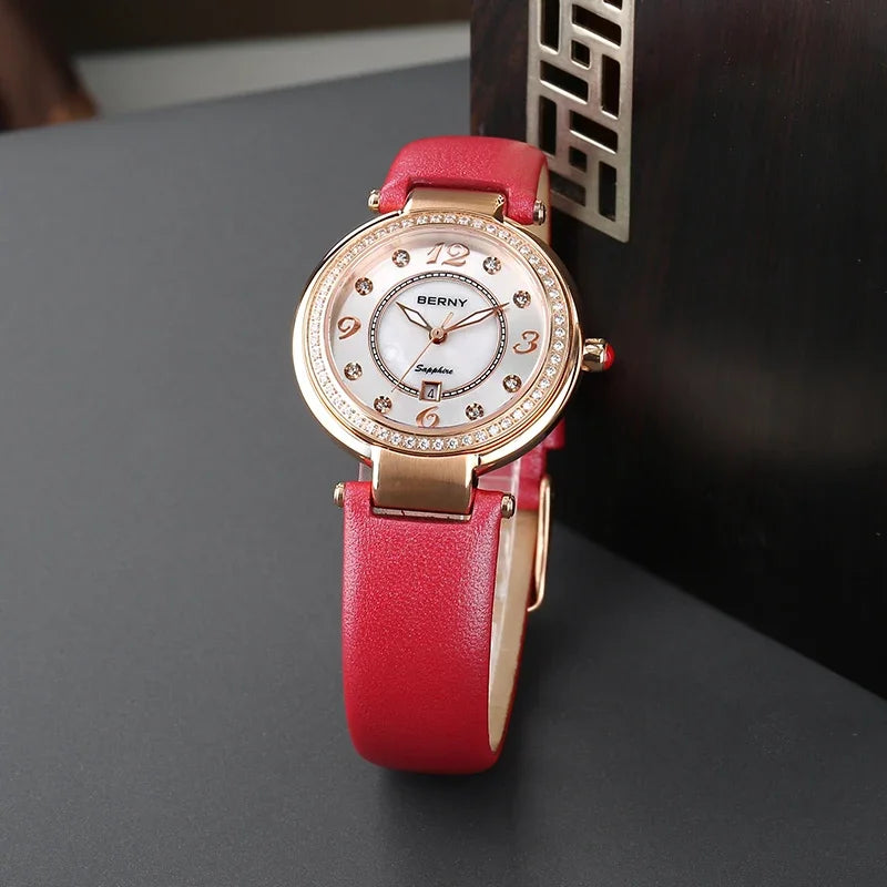 BERNY Watch for Women Calendar Sapphire Elegant Quartz Women's Wristwatch Luxury Diamond inlaid Clock S/S Leather Ladies Watches