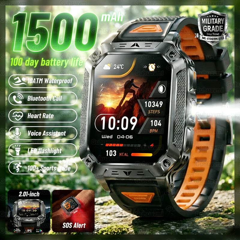1500mAh Military Grade Smart Watch 100 Days Battery Life 10ATM Waterproof Bluetooth Call SOS Alert LED Flashlight Sports Watches
