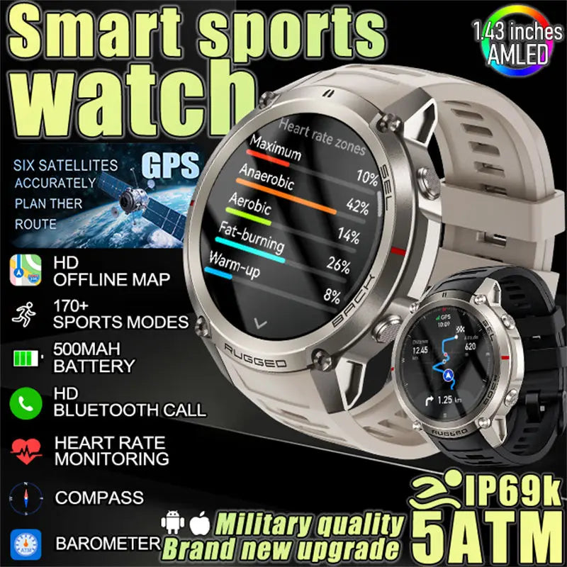 2026 new generation six-star GPS smart watch 1.43-inch AMLED screen 5atm waterproof offline map compass outdoor sports bracelet