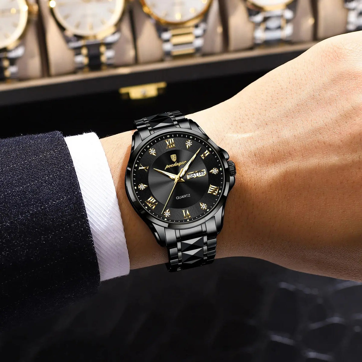 POEDAGAR Original Luxury Man Watch Waterproof Luminous Date Week Fashion Men Clock Stainless Steel Quartz Business Men's Watches