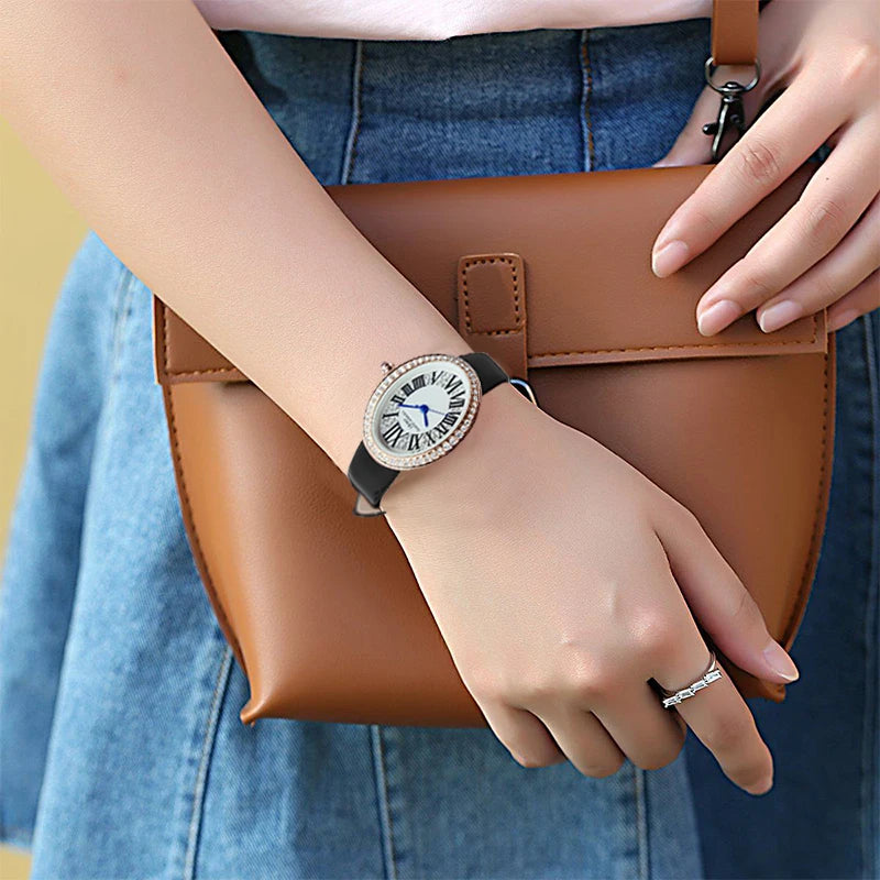 Original Brand Woman Watch Silver Steel Waterproof Oval Handwatch Female Fashion High Quality Ladies Leather Wristwatches Blue