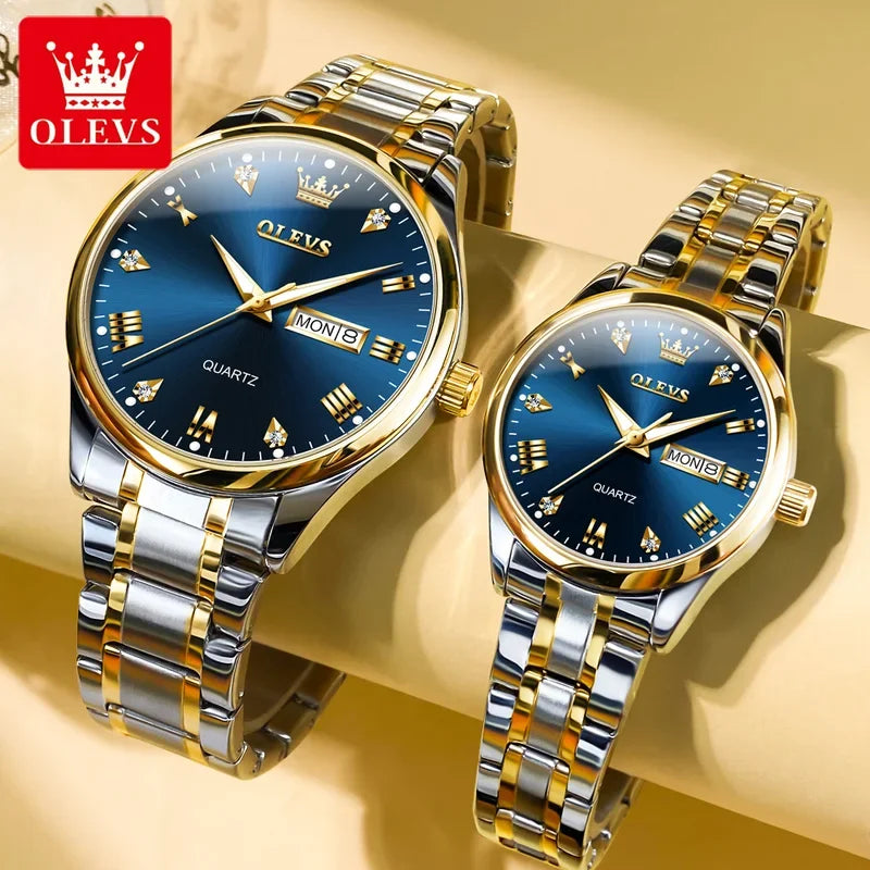 OLEVS  Couple Watch Luxury Gold Diamond Dual Calendar Waterproof Watch Fashion Brand Quartz Appointment Clock Couple Watch 5563