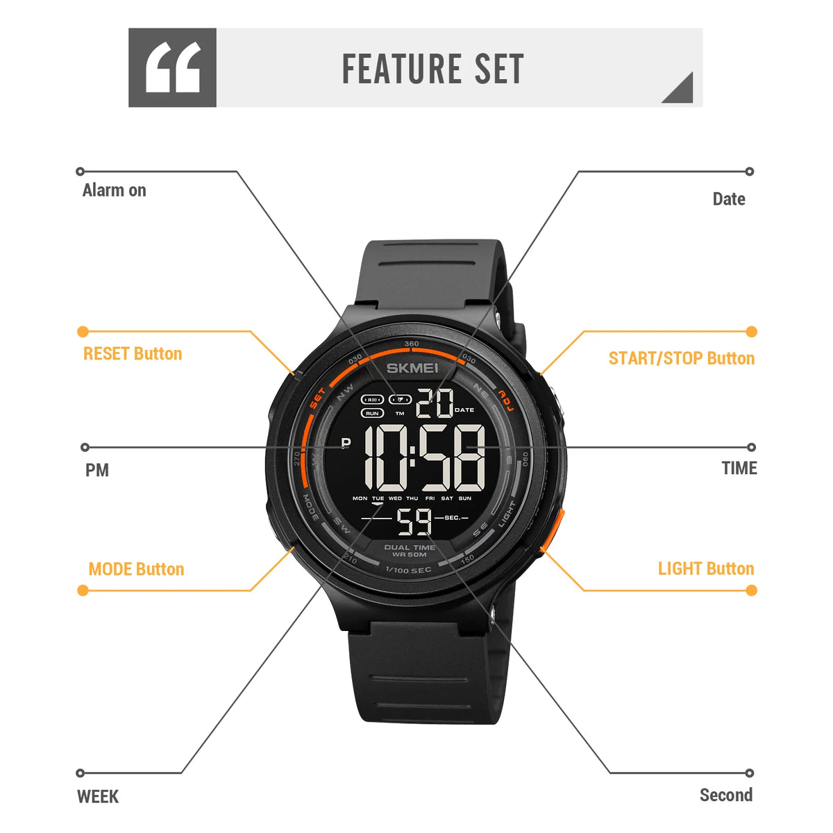 SKMEI Fashion Mens Sport Watches Digital LED Light Countdown For Men Women 5Bar Waterproof Wristwatches Alarm Clock