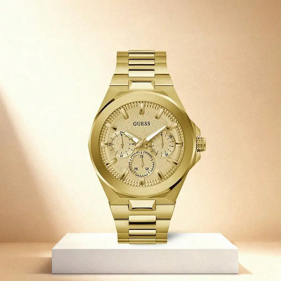 GUESS Original Luxury Gold Tone Round Watches for Men Stainless Steel Elegant Multifunction Quartz Chronograph Classic Business