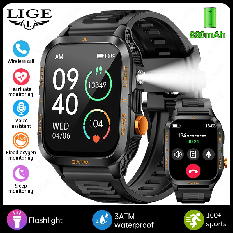 LIGE 2026 New 1.96"HD Screen Smartwatch Men Sports 880mAh Battery Bluetooth Call LED Flashlight 3ATM Waterproof Men Smart Watch