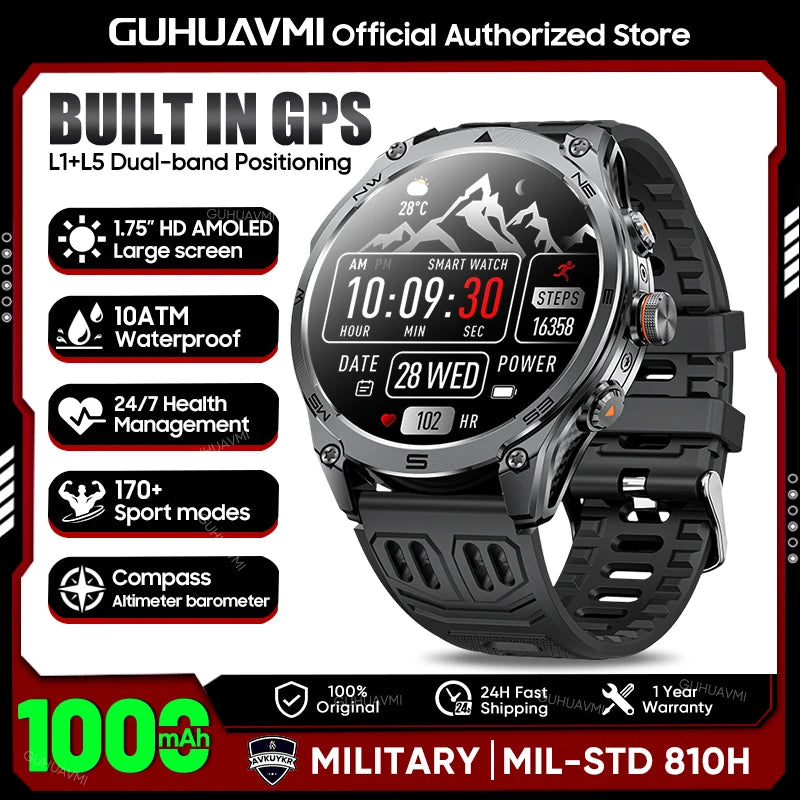 2026 Hot Sales Outdoor Durable GPS Sports Smart Watch Built-in GPS 1000mAh Battery 10ATM Waterproof 1.75" AOD Men Military Watch