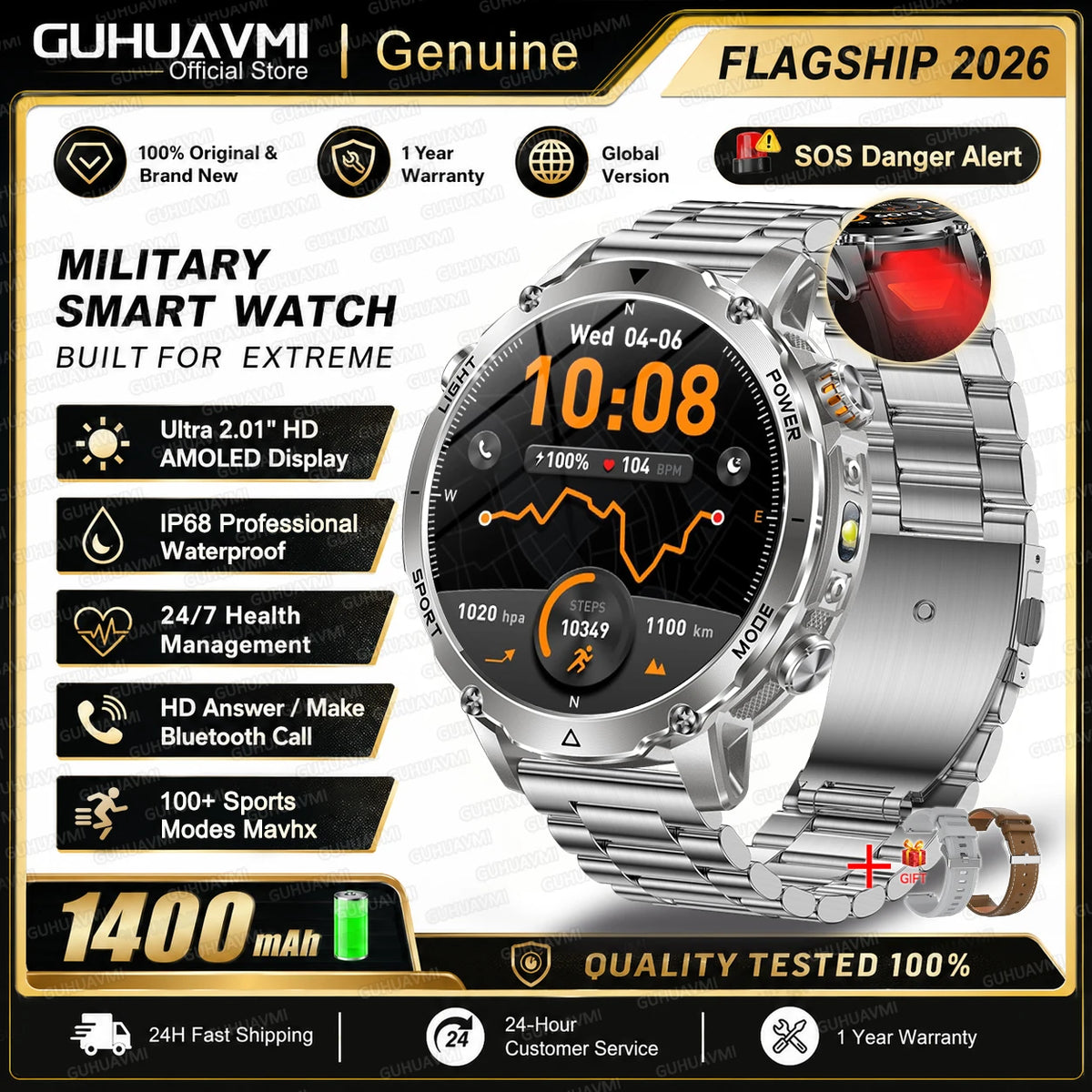 New 1400mAh Ultra Big Battery Smart Watch GPS path Waterproof Swim Sport Run tracker Outdoors Flashlight Military Smartwatch Men
