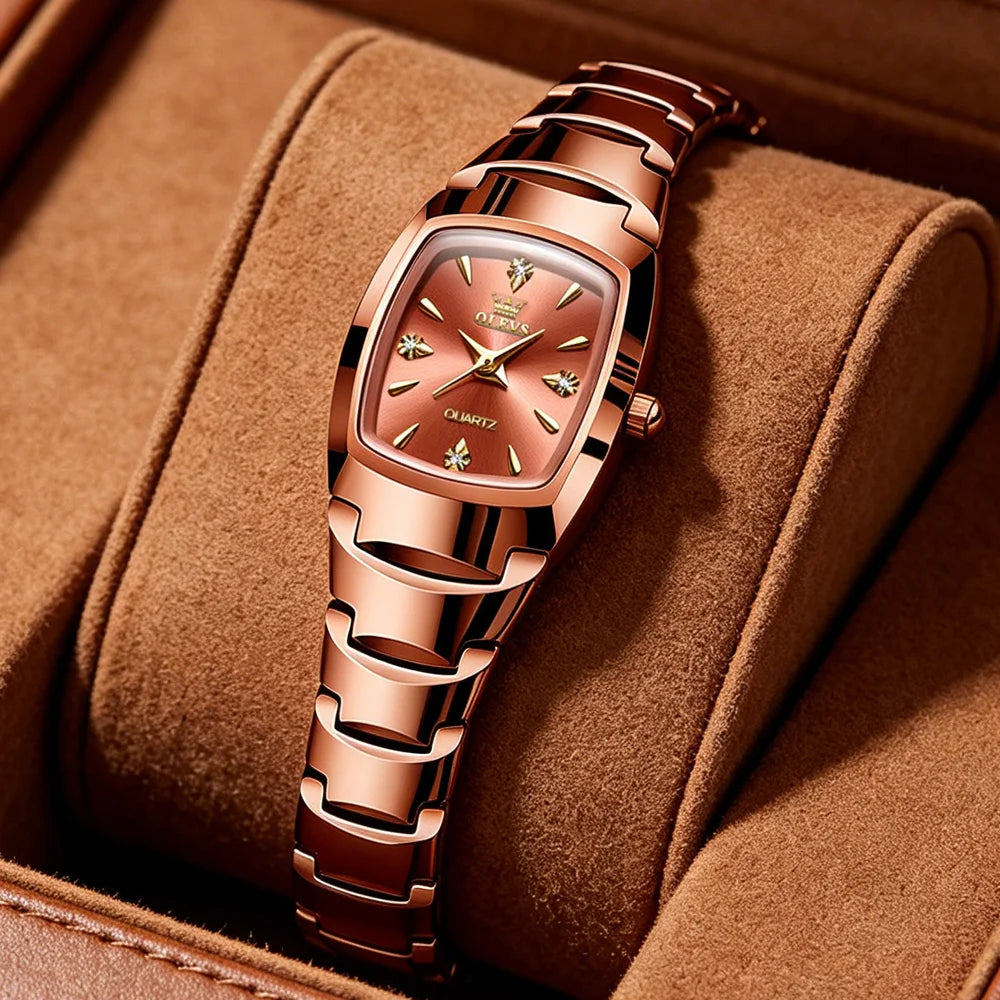 Luxury Mini Tonneau Ladies Watch OLEVS Brand Rose Gold Tungsten Steel Band Rhinestone Crystal Gradient Dial Small Wrist Watch