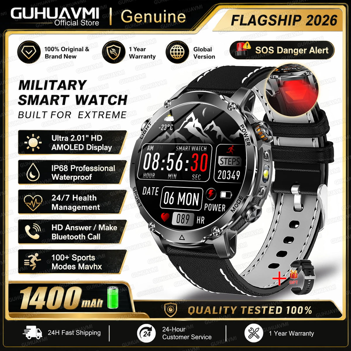 New 1400mAh Ultra Big Battery Smart Watch GPS path Waterproof Swim Sport Run tracker Outdoors Flashlight Military Smartwatch Men