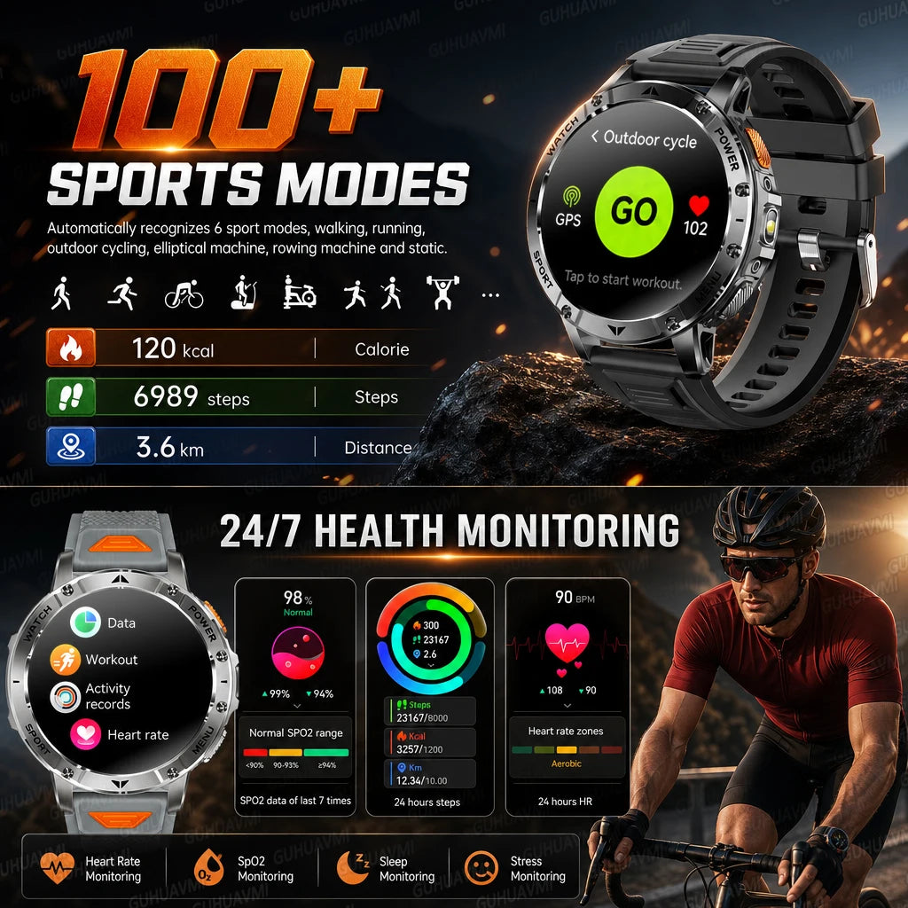New Outdoor Sports Fitness 1.7 Inch Smart Watch 1400mAh Battery Waterproof SOS Dual-Color Flashlight BT Call Smart watch For Men