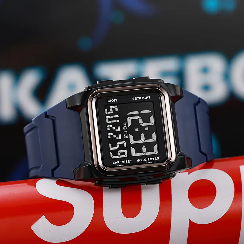 New square large screen watch, retro sports electronic watch, men's night light multifunctional outdoor watch