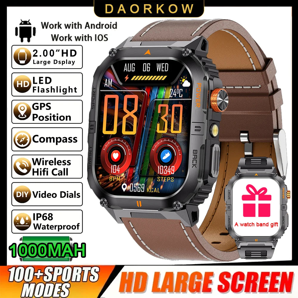 2026 1000mAh military outdoor smartwatch 2.01 inches LED flashlight IP68 waterproof Heart rate sleep Bluetooth call sport watch