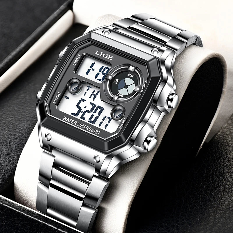 LIGE Eletronic Man Watch Fashion Casual Sport Waterproof Alarm Chronograph Stainless Steel Dual Digital Display Watches for Men