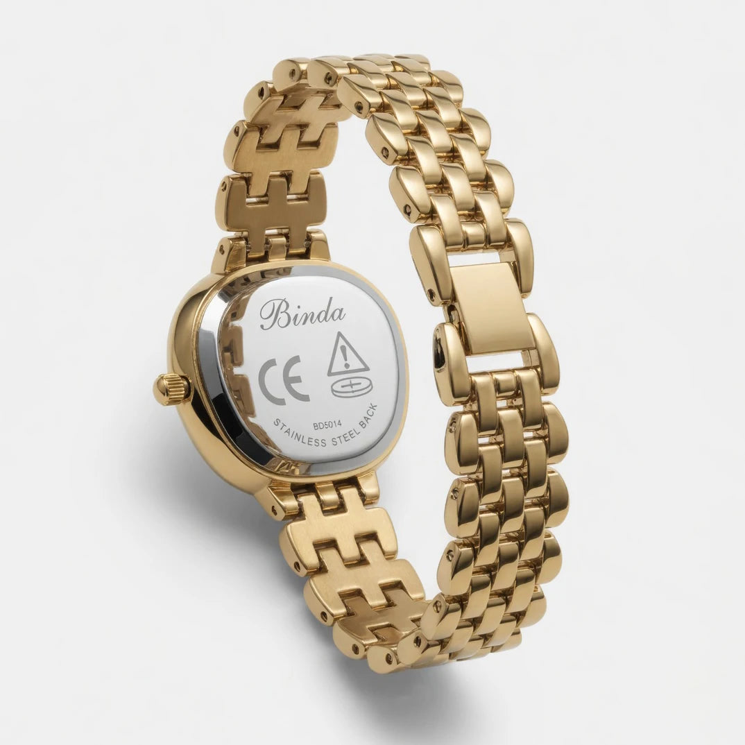 Binda Women's Retro Gold Square Quartz Watch - Roman Numerals, Two-Tone Dial, Gold Metal Bracelet, Elegant Light Luxury